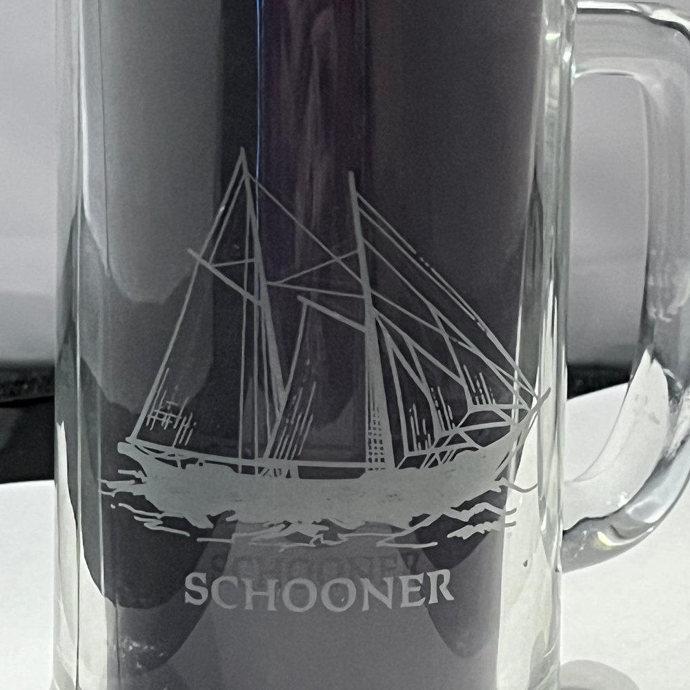 Etched Glass Schooner Ship Mug Cup Stein